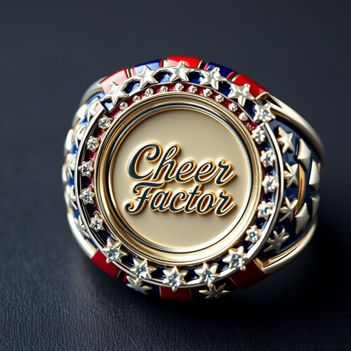 Red white and blue medal ring that says cheer factor