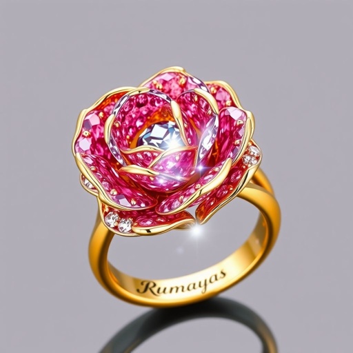 Rose shape natural diamond fancy colours stone fixed on gold plated  written logo name “rumayas” can you design for me 