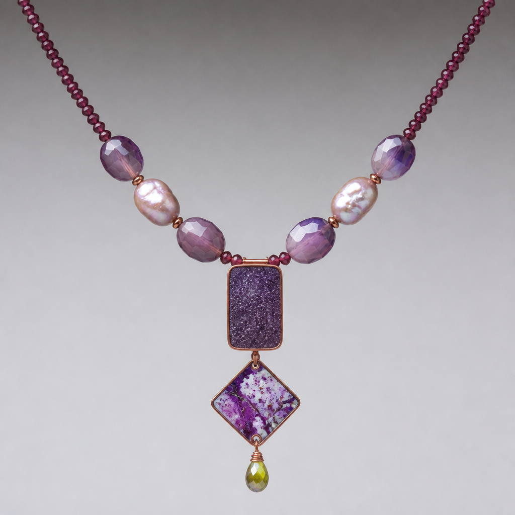 A women's necklace. create a necklace with a pendant that has a rectangular druzy amethyst with a copper enameled square that's hung diagonally below that that has an abstract enameled pattern of some speckles and some lines in white and different purples and lavenders, and a tiny teardrop that is translucent peridot color with AB coating. the pendant is hanging from some agatized faceted amethyst beads about 14 mm followed by some similar sized blister pearls followed by very fine faceted Garnet beads
photorealistic jewelry design, A women's necklace. create a necklace with a pendant that has a rectangular druzy amethyst with a copper enameled square that's hung diagonally below that that has an abstract enameled pattern of some speckles and some lines in white and different purples and lavenders, and a tiny teardrop that is translucent peridot color with AB coating. the pendant is hanging from some agatized faceted amethyst beads about 14 mm followed by some similar sized blister pearls followed by very fine faceted Garnet beads, modern style, just the design no text