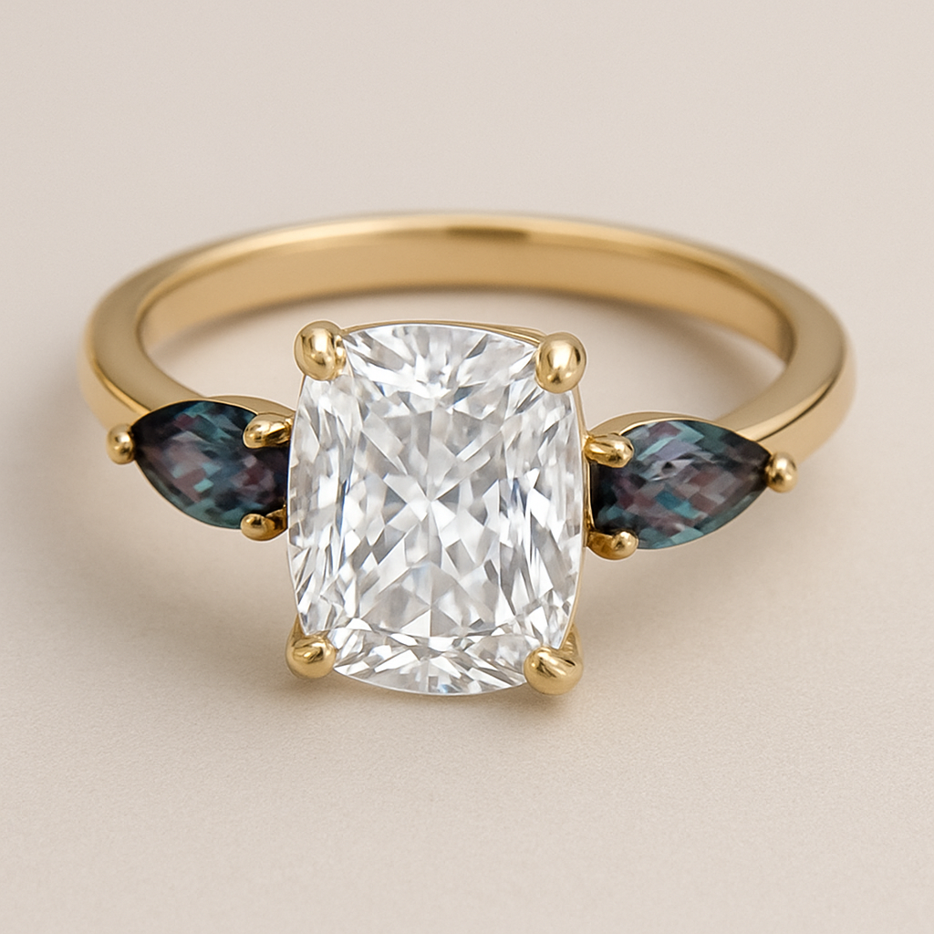 2 carat elongated cushion cut diamond engagement yellow gold ring with marquise shaped alexandrite side stones