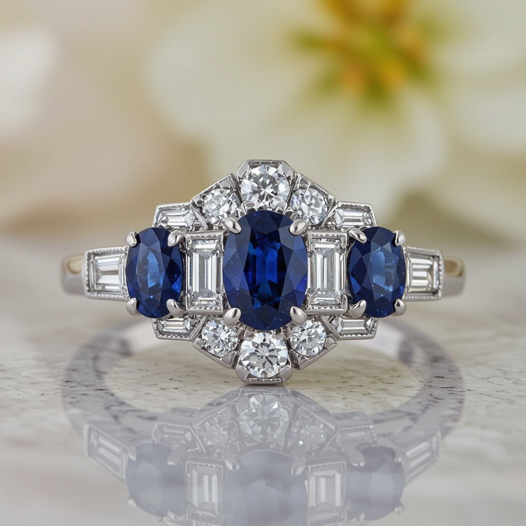 3 sapphires oval cut, 3 round diamonds