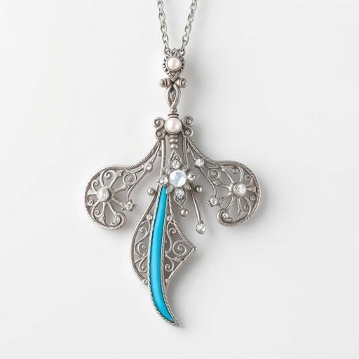 Silver pendant in the shape of ice skating blades with a turquoise stripe within the blade