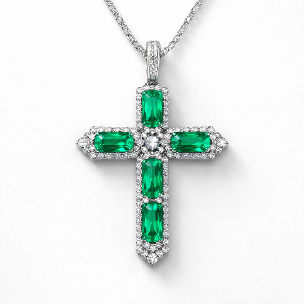 Emerald cross, feminine and understated, with white diamond accents white gold