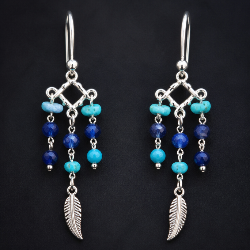A women's earrings with sapphire and turquoise stones. angel feather jewelry
using the attached image as a visual reference, create A women's earrings with sapphire and turquoise stones. angel feather jewelry. photorealistic, just the design no text