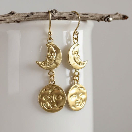 Длинные серьги золотые матовые с несколькими цепочками на каждой цепочке маленький полумесяц и полная луна 