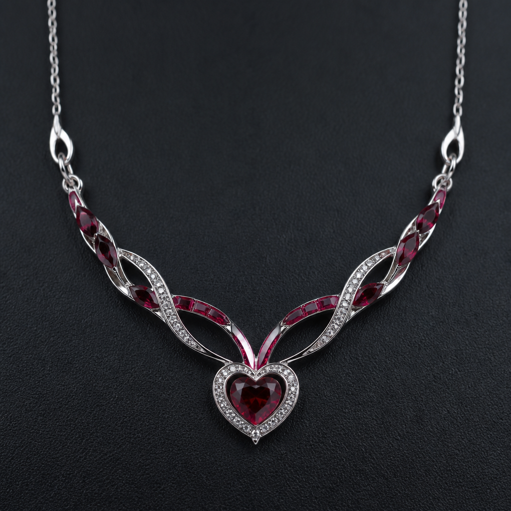 A modern women's necklace made of silver with ruby stones suitable for party. hart shapy
photorealistic jewelry design, A modern women's necklace made of silver with ruby stones suitable for party. hart shapy, modern style, just the design no text
