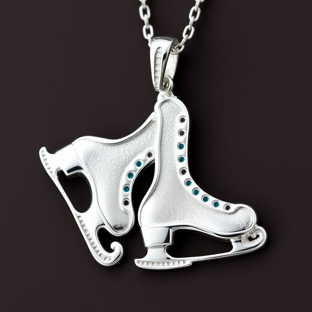 Silver pendant in the shape of ice skating blades with a turquoise stripe within the blade