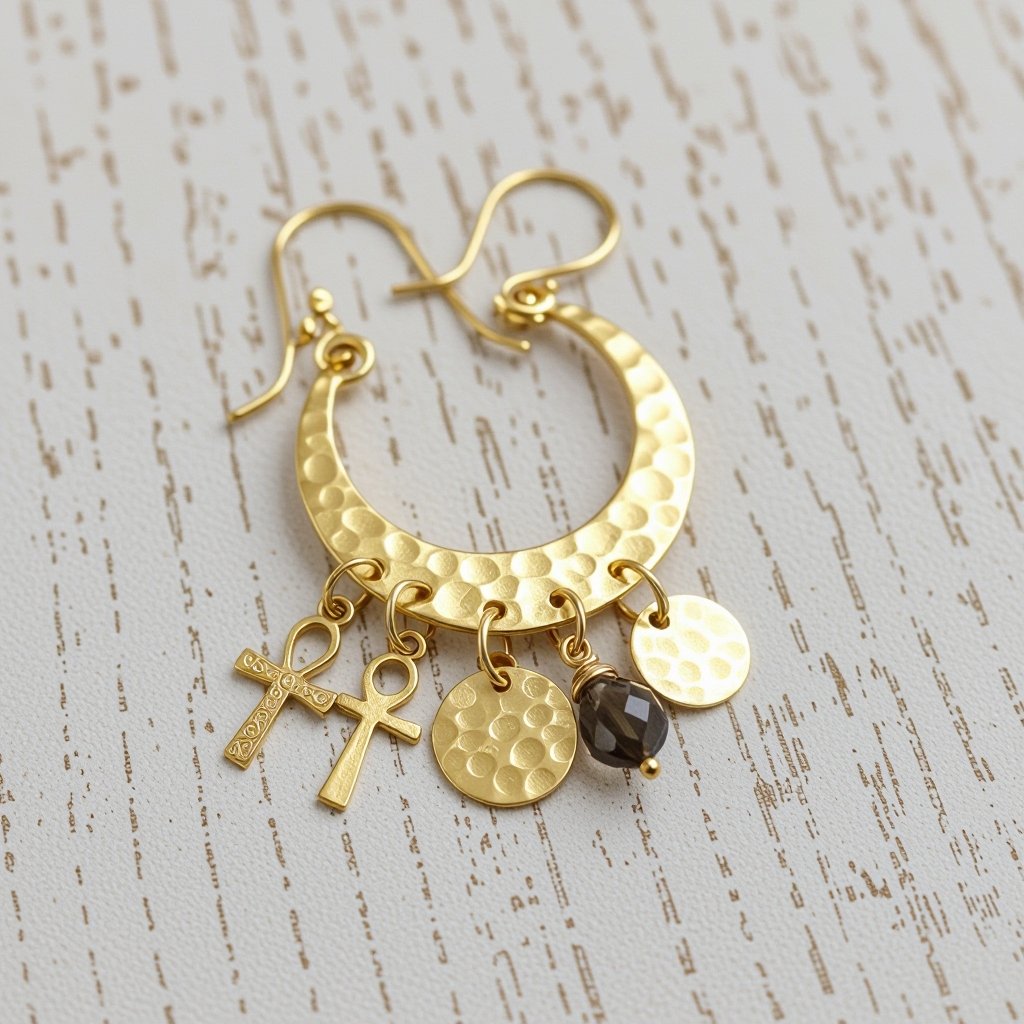 Золотые серьги словно мятое золото в форме узкого изящного полумесяца. Верхушка полумесяца крепится к застежке серьги. К нижней части полумесяца крепятся три подвески: миниатюрный золотой египетриский крест, очень маленький кристалл раухтопаза и маленький золотой кружочек с мятым эффектом плоский