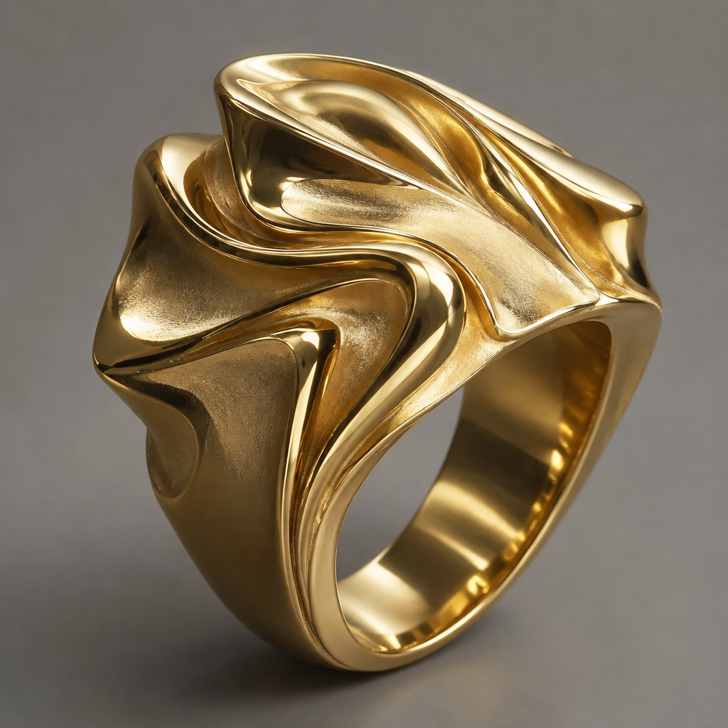 A sculptural men's ring made of gold
photorealistic jewelry design, A sculptural men's ring made of gold, sculptural style, just the design no text