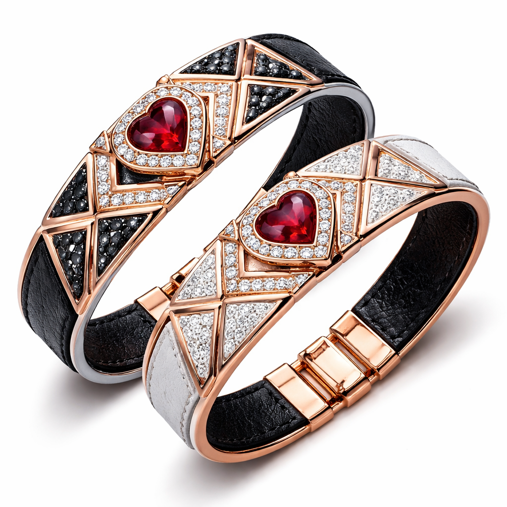 Geomatric abstract shape of bangle leather of matching for couple white and black diamonds and ruby for valentine