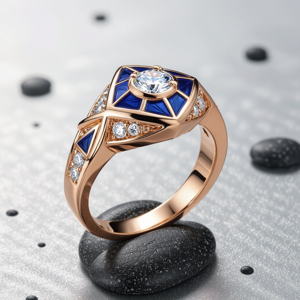 Pendant of different colors Geomatric edge of diamonds shaded of fish element in water background and vibes Rose gold ring, geometric diamonds, bezel set. Fish motif, blue enamel.