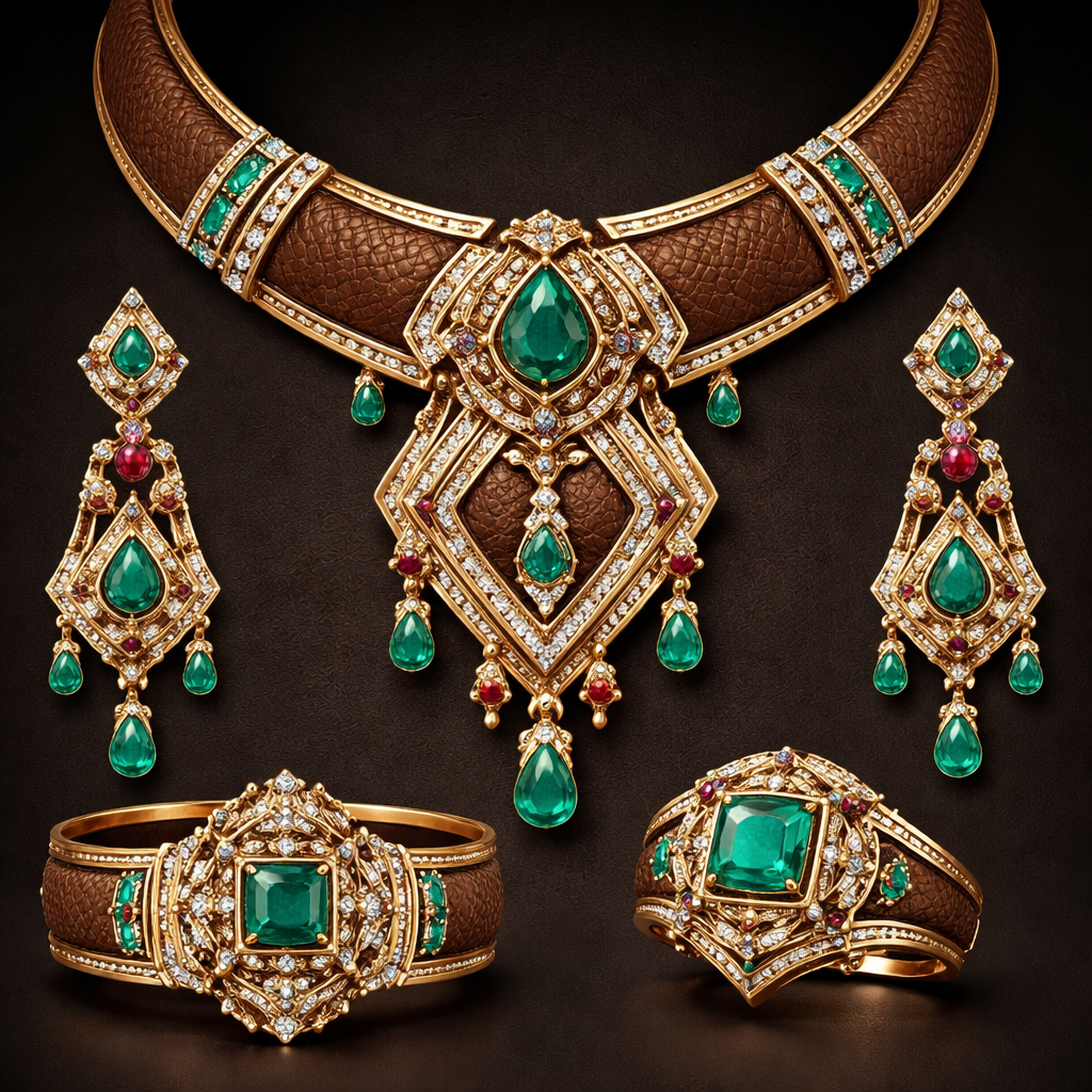Create jewelry set for Brahmin with gemstones an leather design texture, in gold