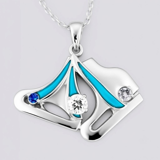 Silver pendant in the shape of ice skating blades with a turquoise stripe within the blade