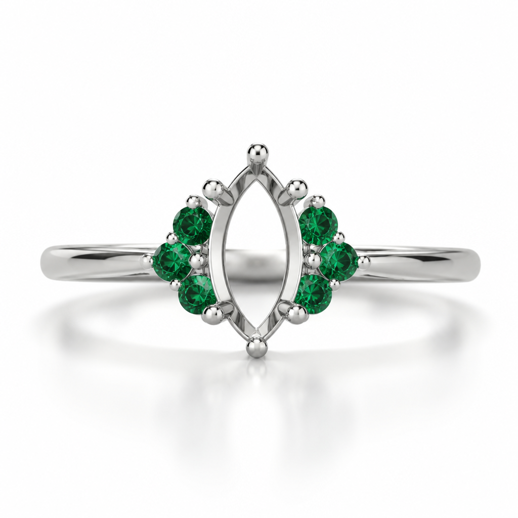 A minimalist women's ring made of platinum with emerald stones suitable for wedding. an enhancement ring that frames an empty four prong setting that would hold a marquise cut gem three .25ct emeralds on each side (for a total of six) in a triangle formation with two framing the empty setting and the third one finishing the triangle.
photorealistic jewelry design, A minimalist women's ring made of platinum with emerald stones suitable for wedding. an enhancement ring that frames an empty four prong setting that would hold a marquise cut gem three .25ct emeralds on each side (for a total of six) in a triangle formation with two framing the empty setting and the third one finishing the triangle., minimalist style, just the design no text