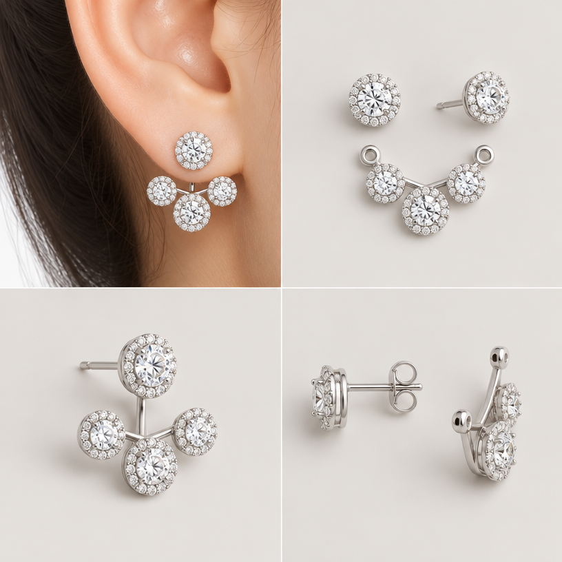 A women's earrings, minimalist, simple and delicate, clean lines. สามารถถอดออกเป็นส่วนๆได้,เปลี่ยนใบไม้ให้เป็นเม็ดเดี่ยวล้อมเพียง1ชั้นชุดเดี่ยว,4 views
using the attached image as a visual reference, create A women's earrings, minimalist, simple and delicate, clean lines. สามารถถอดออกเป็นส่วนๆได้,เปลี่ยนใบไม้ให้เป็นเม็ดเดี่ยวล้อมเพียง1ชั้นชุดเดี่ยว,4 views. photorealistic, just the design no text
