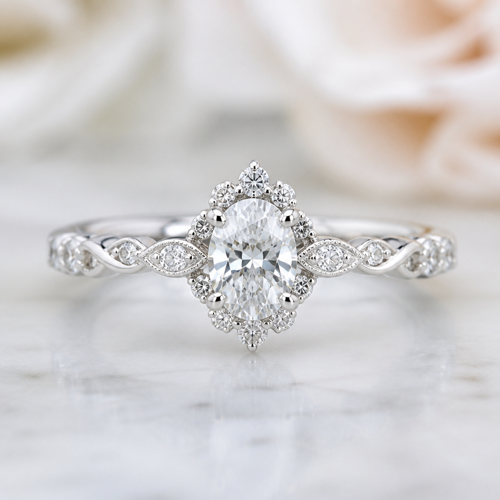A luxury women's ring made of white gold with diamond stones suitable for wedding, detailed and decorative, moderately ornate. A 0.70-carat oval diamond is used as the center stone.
photorealistic jewelry design, A luxury women's ring made of white gold with diamond stones suitable for wedding, detailed and decorative, moderately ornate. A 0.70-carat oval diamond is used as the center stone., luxury style, just the design no text