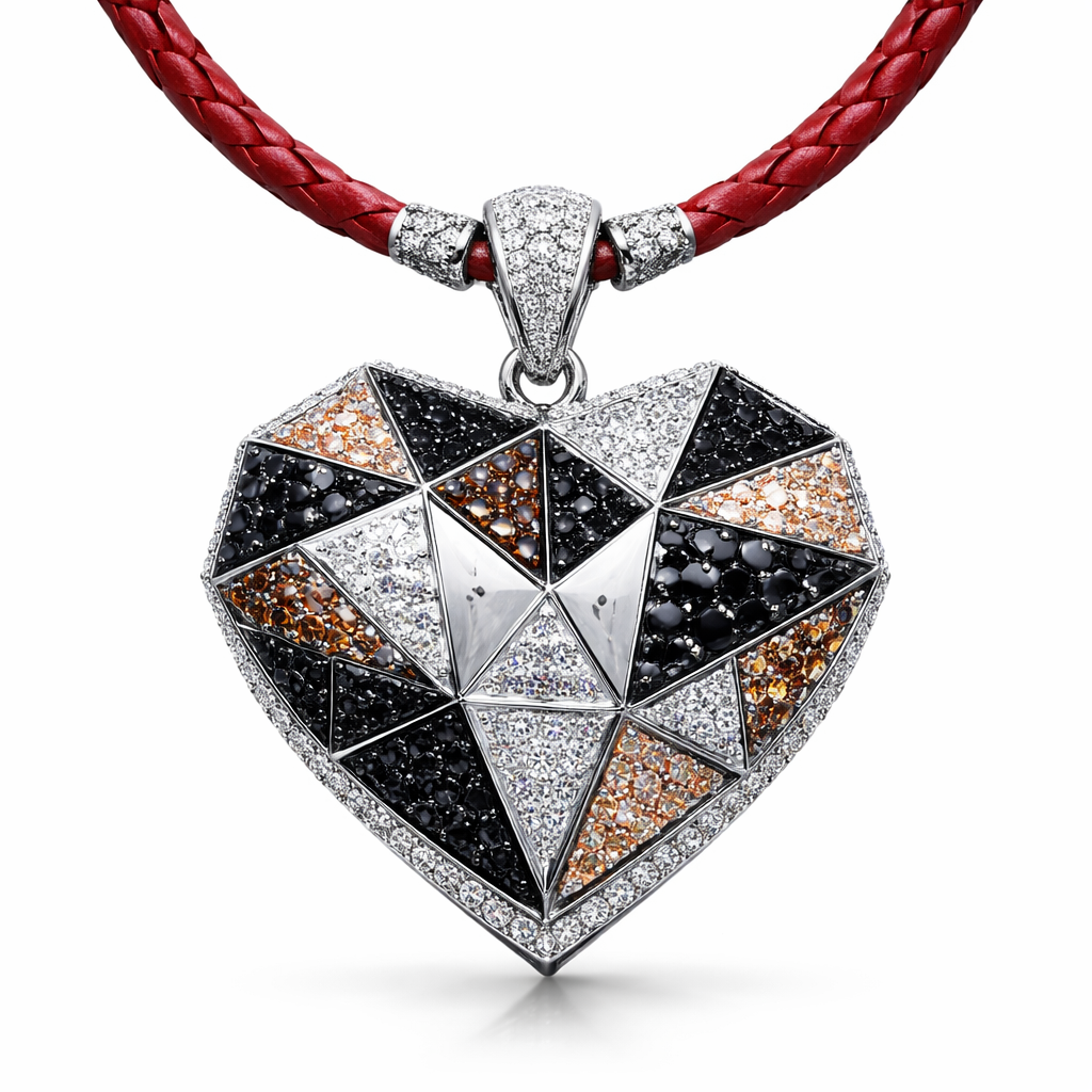 Geomatric pendant of heart of ede style and shape white black diamonds of love shape of little bit of stones and chain of red leather