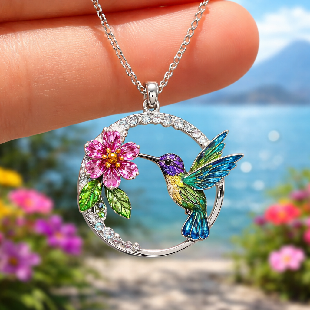 Panajachel guatemala Hummingbird Pendant Necklace for Women Small Circle Hummingbird Necklace with Flower with stones