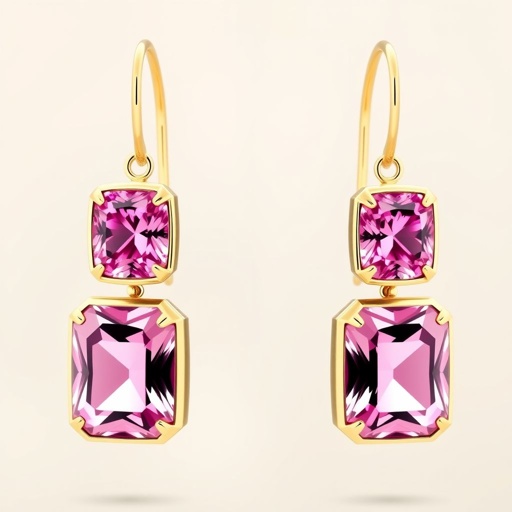 Gemstones: Each earring showcases two faceted pink gemstones. The top stone is oval-shaped, while the bottom stone is larger and cushion-shaped, giving a graduated and balanced look. 	•	Metal: The stones are bezel-set in a warm yellow-gold finish, likely gold vermeil or gold-plated silver, adding a rich and luxurious contrast to the raw gems. 	•	Style: The earrings use a hook-wire (fishhook) ear fitting, which offers a classic, secure, and comfortable wear. 	•	Design Aesthetic: The style is refined and feminine, blending simplicity with a touch of bold color, suitable for both formal occasions and elegant daywear.