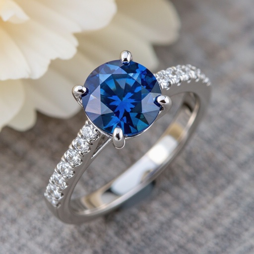 Make a Instagram thumbnail white Gold ring with Round Shape Royal Blue Sapphire