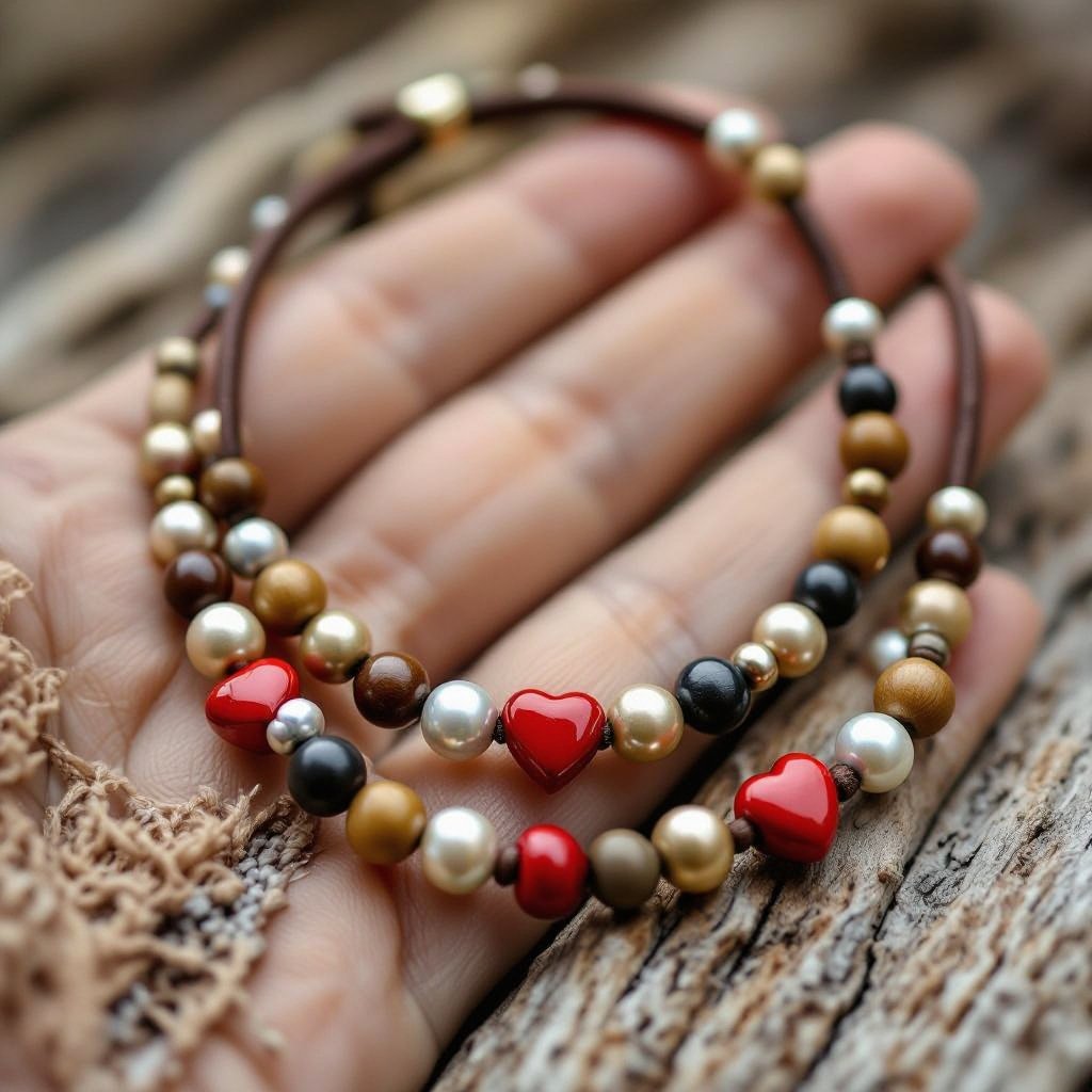 Necklace cute, intricate design, small, wood pearls and leather lace, with red hearts pearls and brown, beige and grey pearls