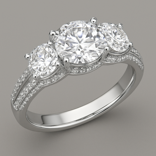 Elegant platinum 4 carat tw 3 stone ring with  hidden halo and pave split band