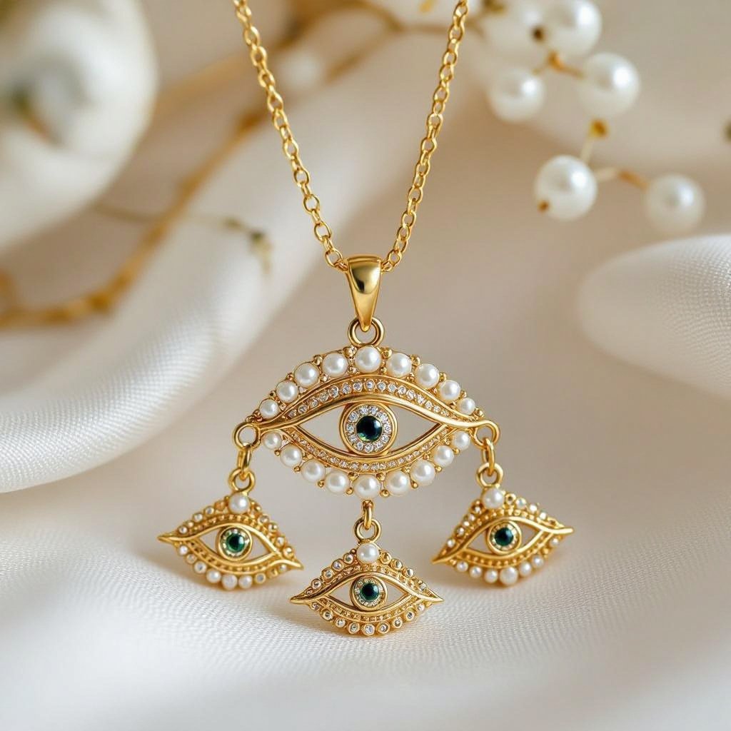 Кулон на длинной цепочке. Матовое светлое золото. В цепочке небольшие золотые шарики и жемчуг. Кулон это перевернутый глаз, снизу еще два глаза узоры завитушки 