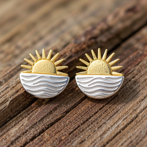 Золотые серьги полукруг половинка горящего солнца мятое неровное золото лучи волнистые другая половинка круга серебряная 