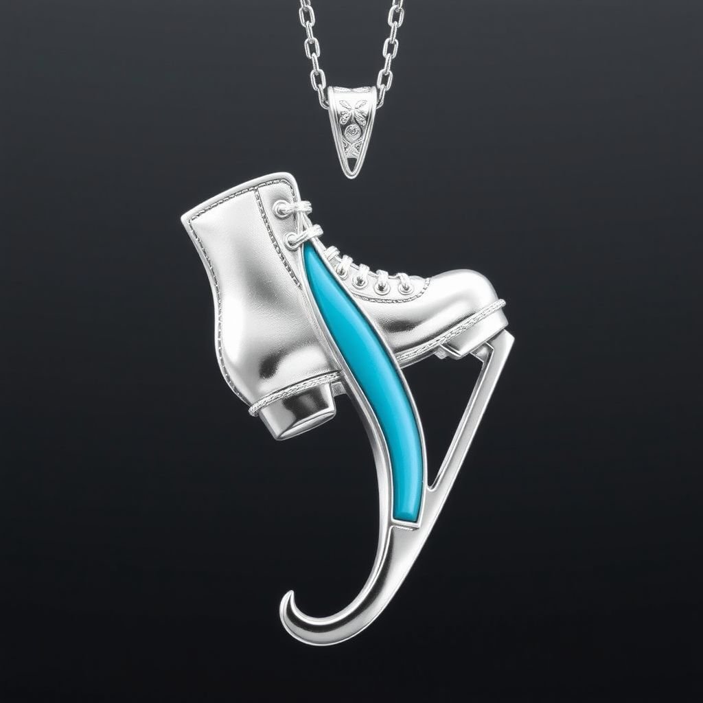 Silver pendant in the shape of ice skating blades with a turquoise stripe within the blade