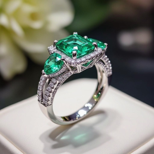 2ct emerald with 3 ct pear emerald cut toi et moi ring in white gold with a triple pave band 2mm