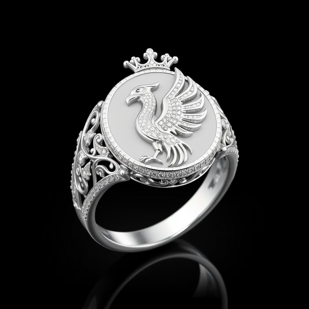 A platinum signet ring with phoenix printed on it for women 