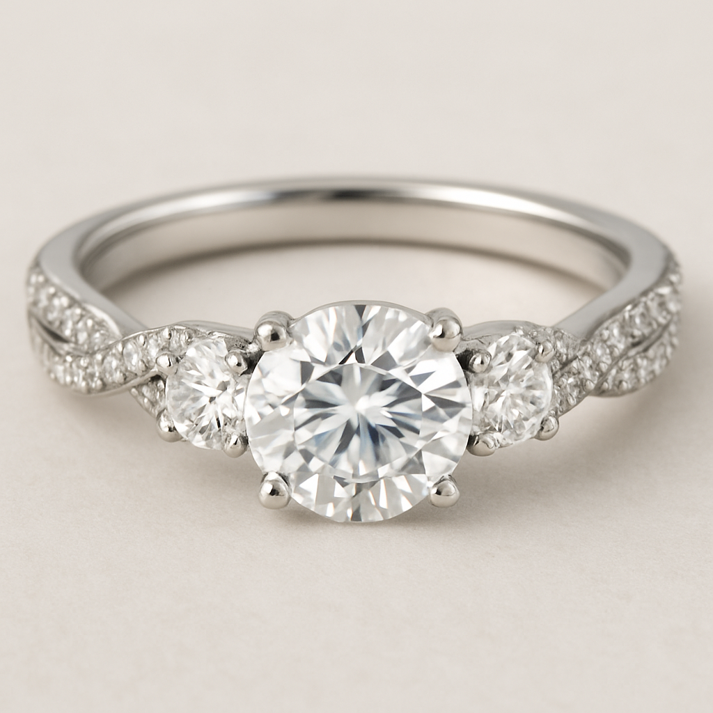 Elegant 4 carat tw 3 stone engagement ring with twisted pave band
