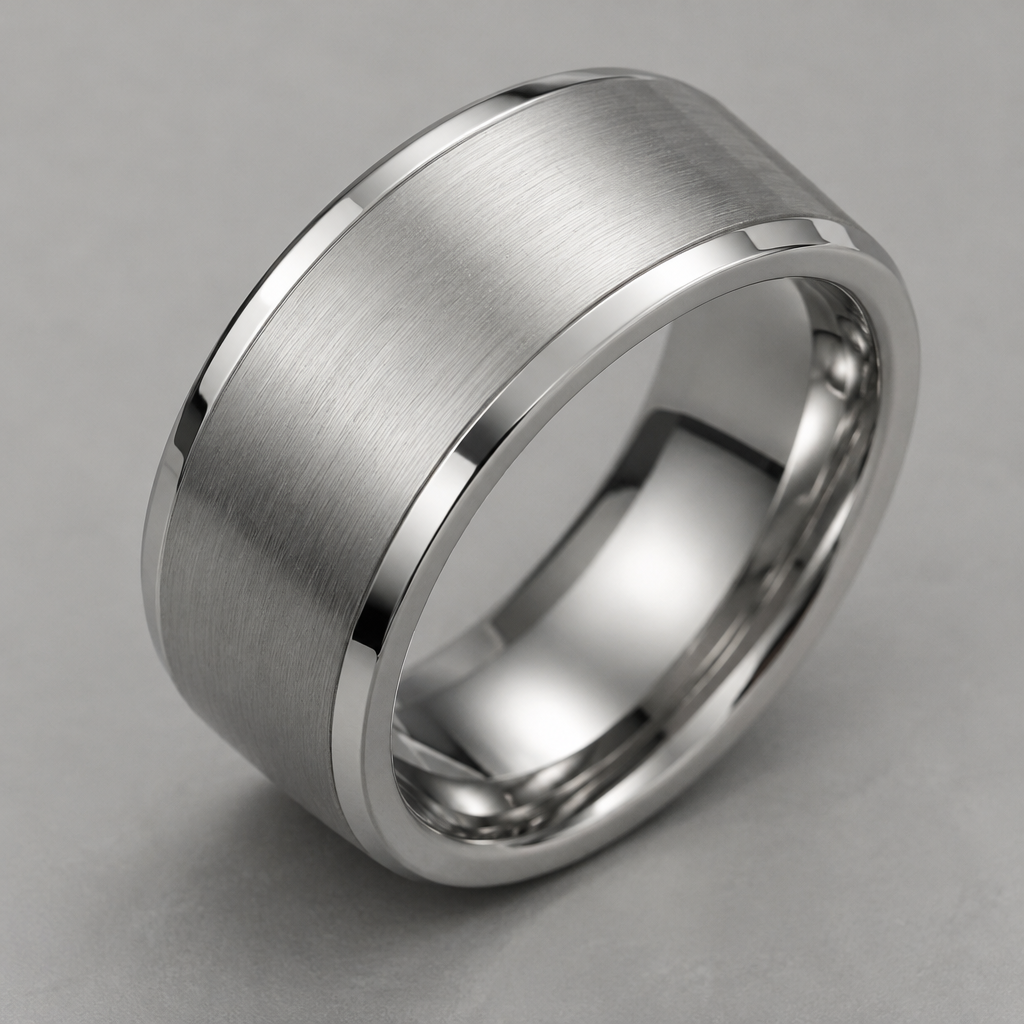 A platinum men's ring made of silver suitable for daily wear. A sleek industrial silver ring for daily wear, featuring smooth bevelled edges, a comfort-fit inner band, and a brushed matte finish.
photorealistic jewelry design, A platinum men's ring made of silver suitable for daily wear. A sleek industrial silver ring for daily wear, featuring smooth bevelled edges, a comfort-fit inner band, and a brushed matte finish., platinum style, just the design no text