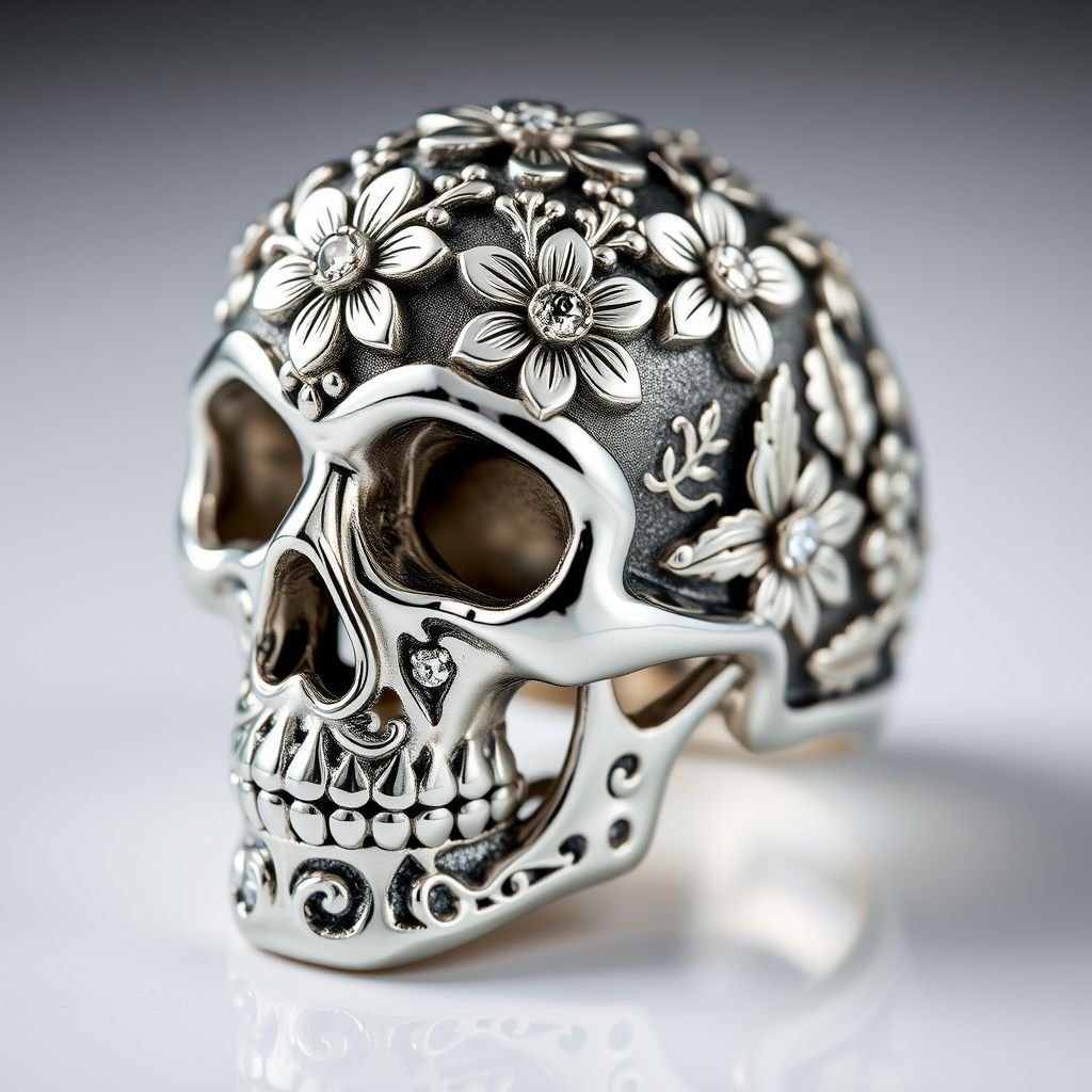 Sugar skull ring with white topaz accents set in flowers