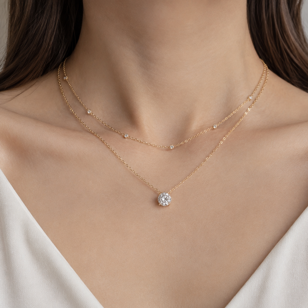 A stackable women's necklace, detailed and decorative, moderately ornate. 單顆明亮式切割白鑽項鍊
photorealistic jewelry design, A stackable women's necklace, detailed and decorative, moderately ornate. 單顆明亮式切割白鑽項鍊, stackable style, just the design no text