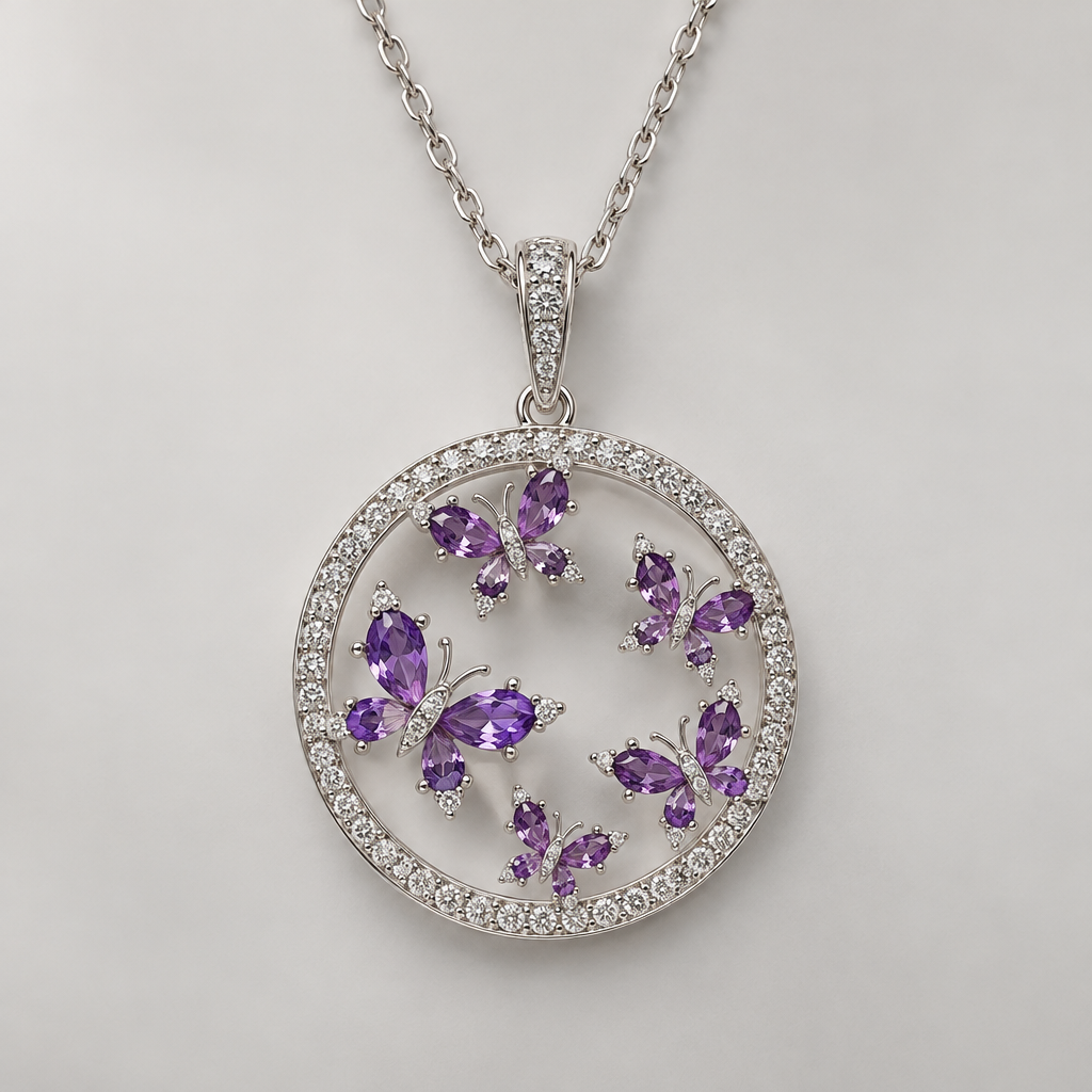 A women's necklace made of white gold with diamond and amethyst stones suitable for daily wear. Circle whith a diamonds round inside it 6 small butterflies let the be amethyst diamond
photorealistic jewelry design, A women's necklace made of white gold with diamond and amethyst stones suitable for daily wear. Circle whith a diamonds round inside it 6 small butterflies let the be amethyst diamond, modern style, just the design no text