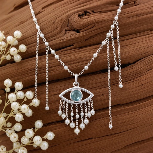 Тонкая цепочка с серебряными шариками и мелкими жемчужными камушками на цепочке есть кулон в форме глаза, зрачок глаза из аквамарина от глаза идет маленькая подвеска с серебряными цепочками разной длины
