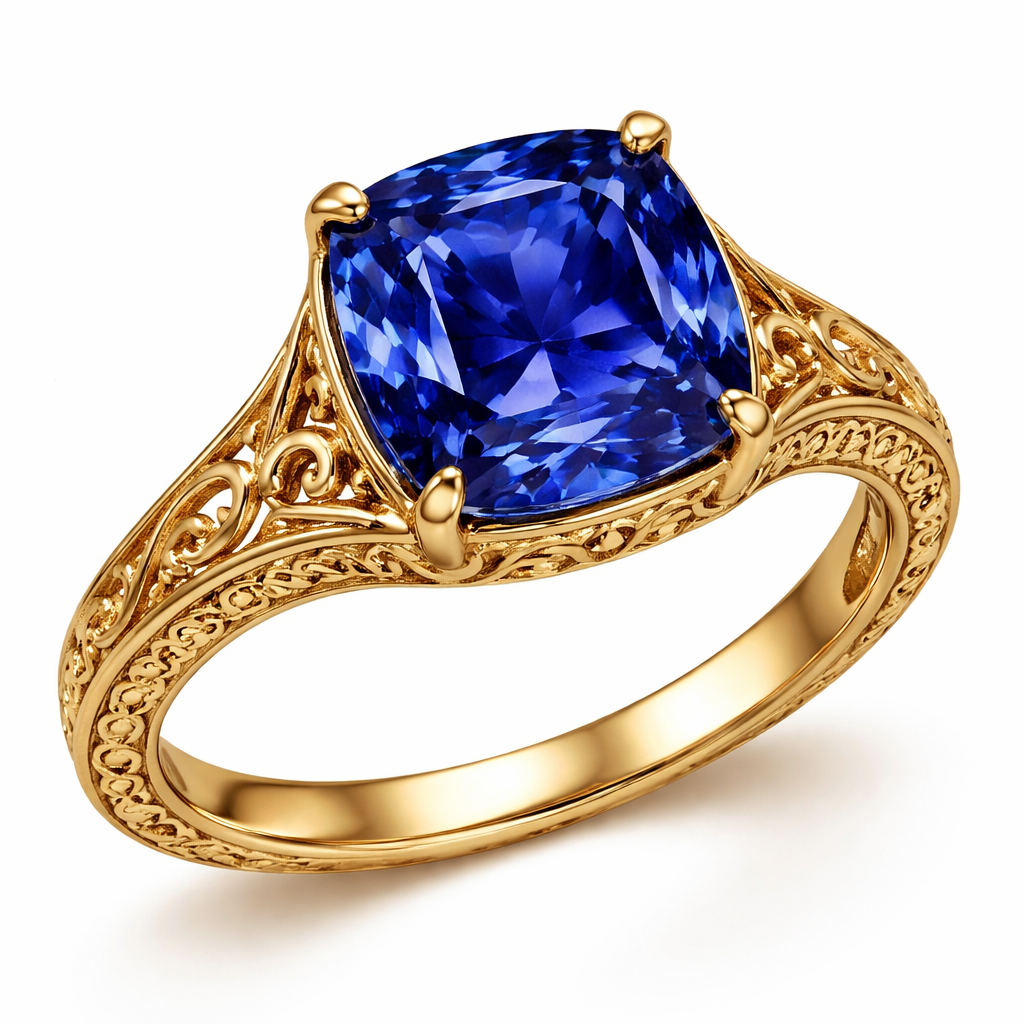 4 carat cushion sapphire royal blue ring in any design in yellow gold only and with no additional diamonds, something sexy, provocative and bright , something for a young woman that knows what she wants and everyone envy’s her , show me picture without finger just ring