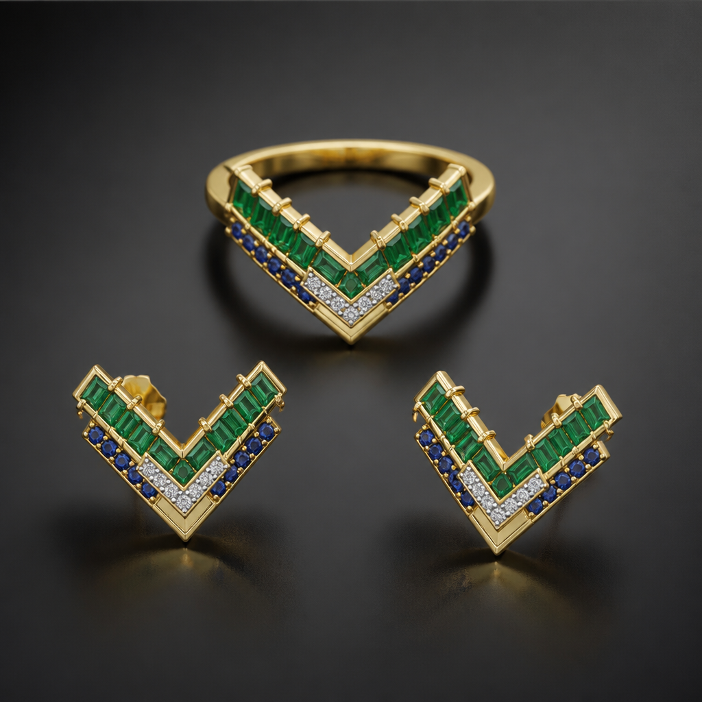 A geometric women's ring made of gold with emerald and diamond and sapphire stones. Anillo en oro amarillo y aretes a juego con una forma en v con esmeraldas
photorealistic jewelry design, A geometric women's ring made of gold with emerald and diamond and sapphire stones. Anillo en oro amarillo y aretes a juego con una forma en v con esmeraldas, geometric style, just the design no text