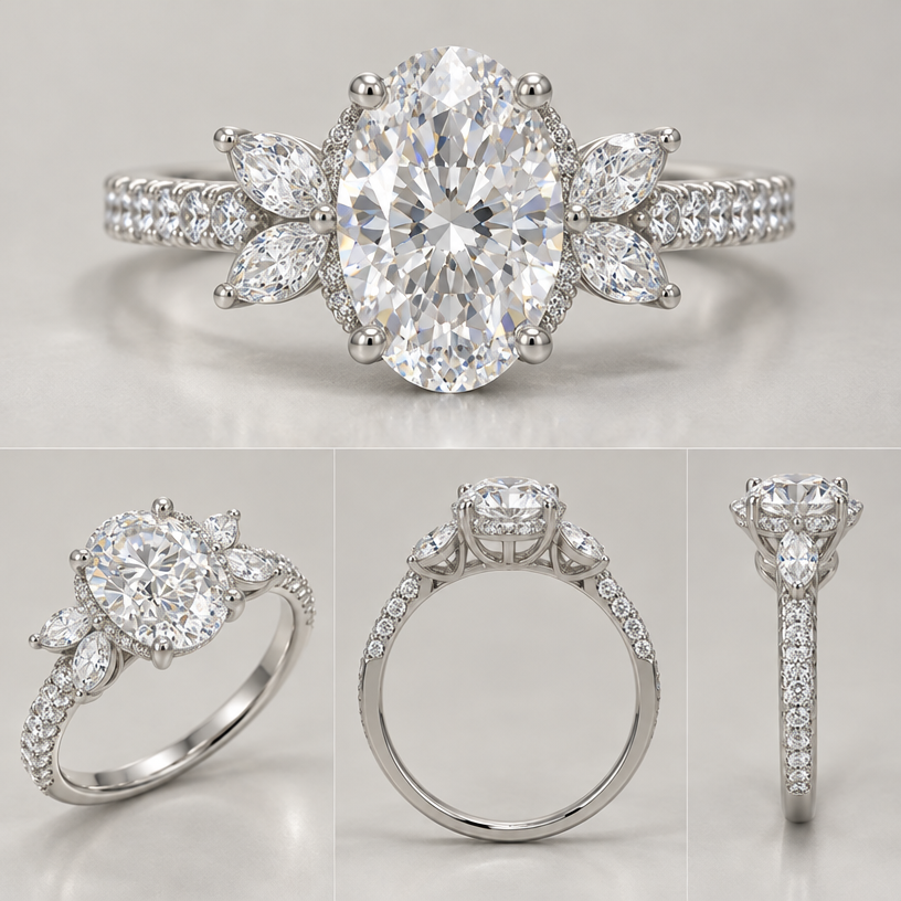 18kt white gold, 3ct oval center stone, two marquise diamonds on each side hugging center stone, pave band
edit the attached jewelry design with these instructions: 18kt white gold, 3ct oval center stone, two marquise diamonds on each side hugging center stone, pave band. keep it photorealistic, just the design no text
