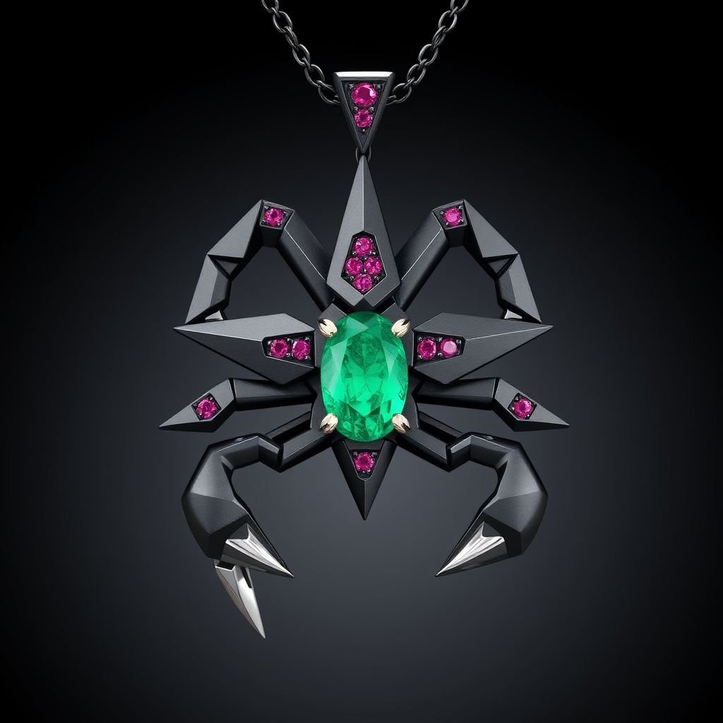 Geomatric scorpion  pendant of white and bkack and rubies diamonds gold accents for contrast. Incorporate a single, oval-cut gemstone-perhaps a striking emerald-set at an unconventional angle, creating a bold focal point that exudes contemporary elegance and sophistication.