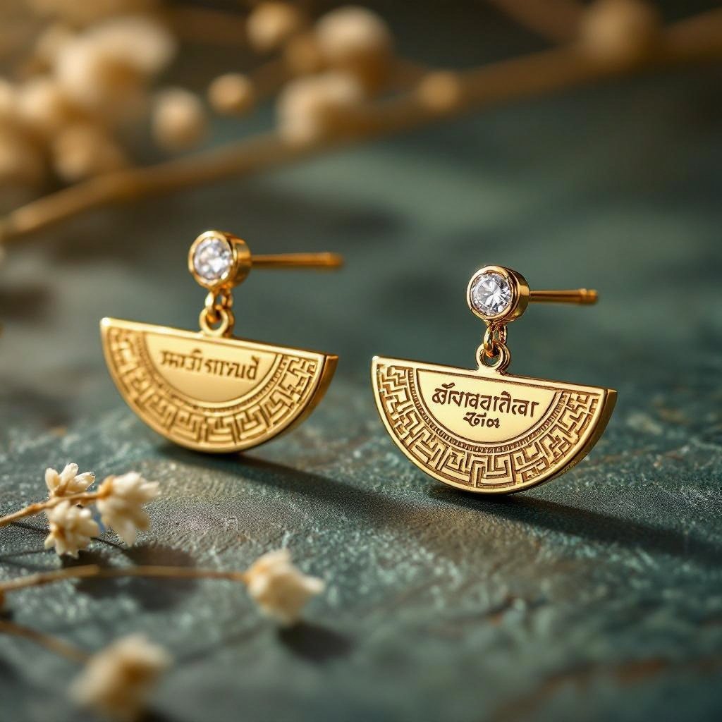 Серьги золотые в форме тонкого изящного полумесяца, полукруг как продолжение застежки, на полукруге надписи мантрами на санскрите