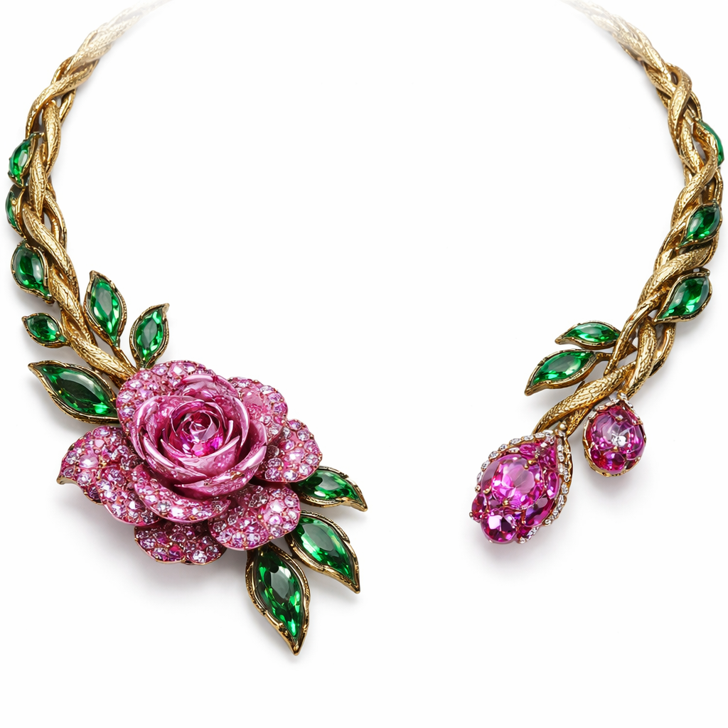 ok first make a thick vine inspired round necklace and at the end of one side put a beautiful intense pink sapphire rose and on the other side put two intense pink sapphires buds one at the end and the other coming from the side, and add some emerald leaves on the necklace