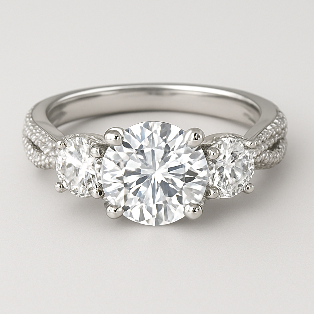 3 stone 4.5 carat wedding ring with twisted pave band and hidden halo
