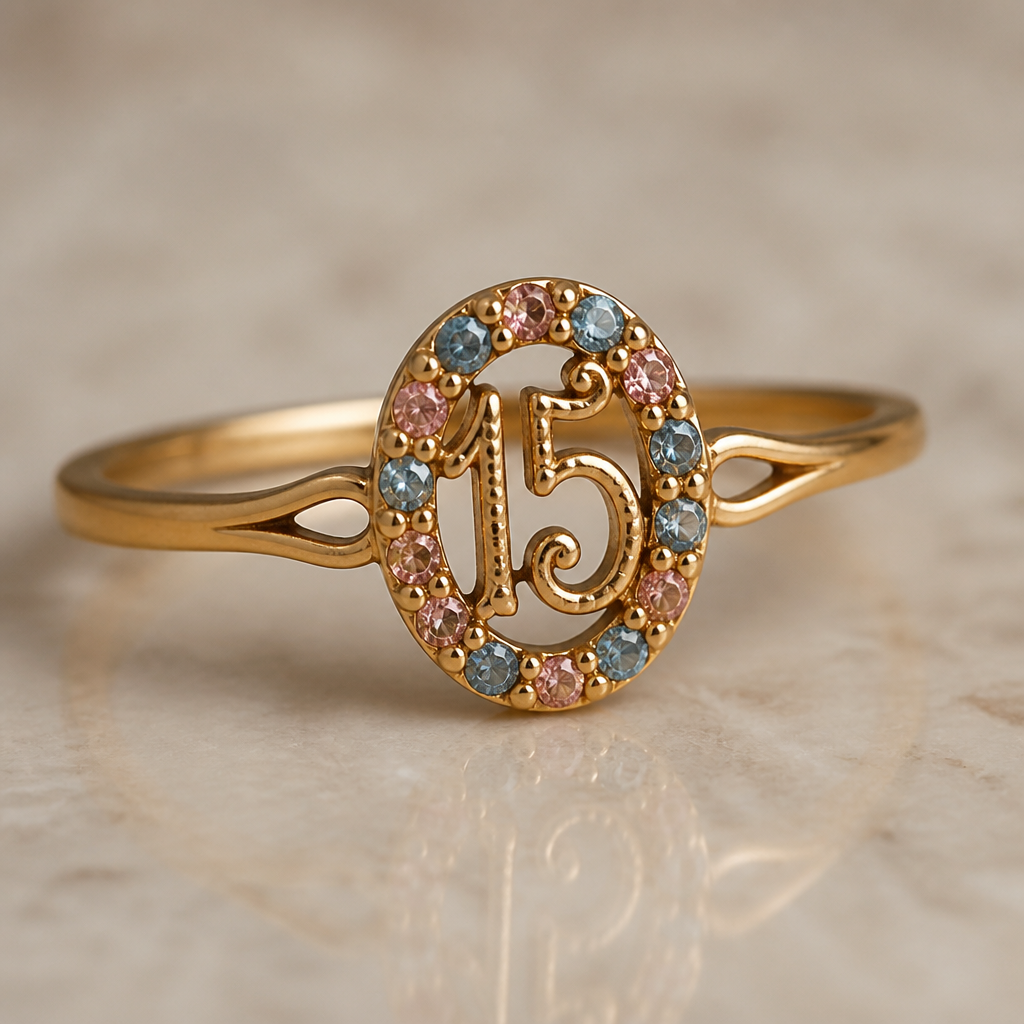 A vintage women's ring made of gold, minimalist, simple and delicate, clean lines. um anel de 15 anos com inicial E com pedrinhas azul e pedrinhas rosa em volta
photorealistic jewelry design, A vintage women's ring made of gold, minimalist, simple and delicate, clean lines. um anel de 15 anos com inicial E com pedrinhas azul e pedrinhas rosa em volta, vintage style, just the design no text