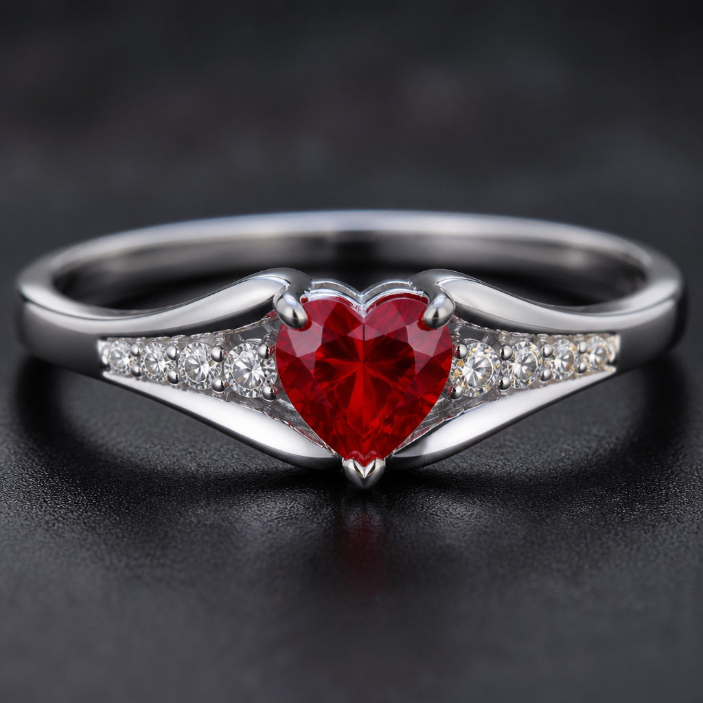 A modern women's ring. Роскошное кольцо из серебра, в середине бриллиант среднего размера в форме сердца красного цвета, а справа и слева в середине по 6 штук маленьких белых бриллиантов.
photorealistic jewelry design, A modern women's ring. Роскошное кольцо из серебра, в середине бриллиант среднего размера в форме сердца красного цвета, а справа и слева в середине по 6 штук маленьких белых бриллиантов., modern style, just the design no text