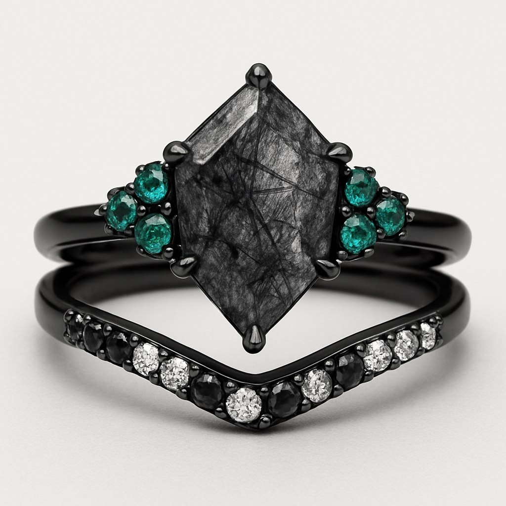 Black band, kite cut rutilated black quartz, emerald accent stones 3 on each side in a cluster, add a wedding band that curves around main stone with black and white stones