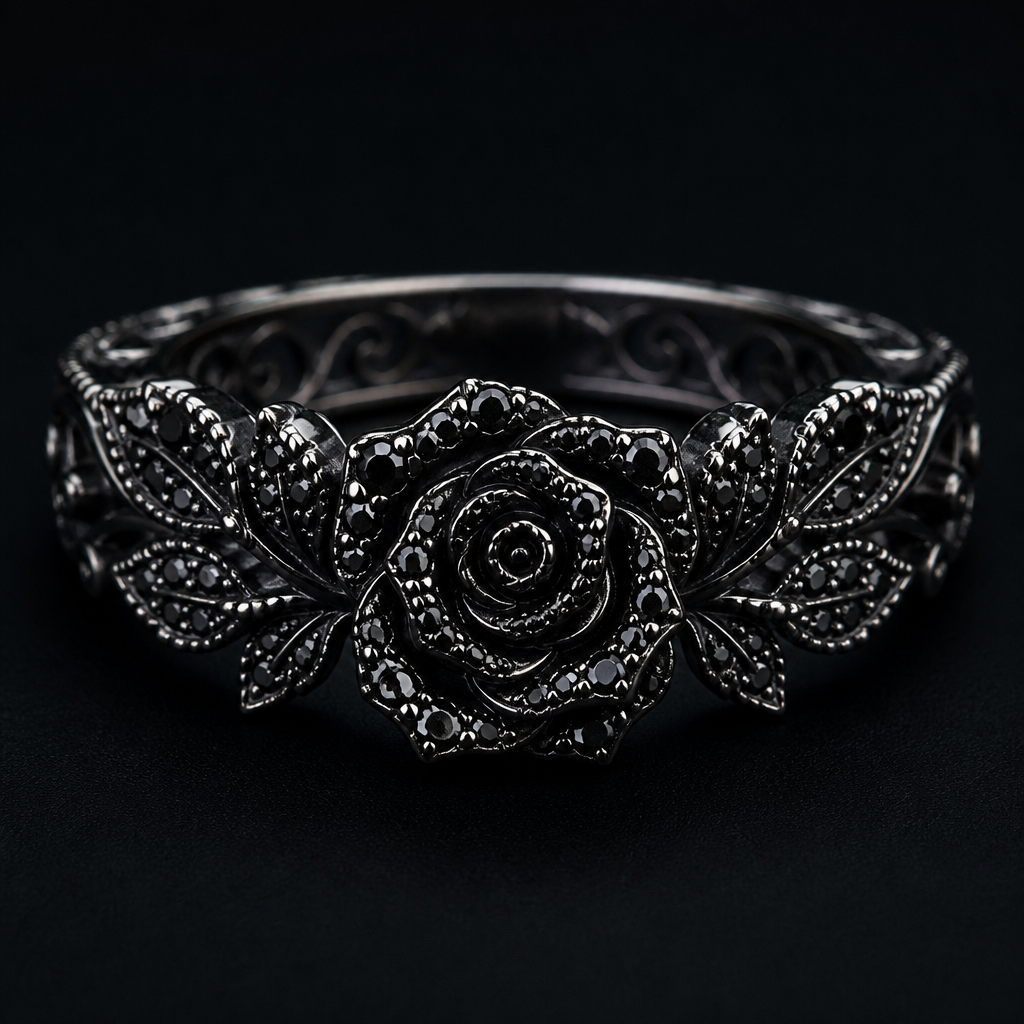 Ortasi atirgul boladi yonlari barg boladi barg va atirgulni usti toshla bilan qolangan boladi uzukninig uzi naqishla bilan tushgan boladi
photorealistic jewelry design, Ortasi atirgul boladi yonlari barg boladi barg va atirgulni usti toshla bilan qolangan boladi uzukninig uzi naqishla bilan tushgan boladi, gothic style, just the design no text
