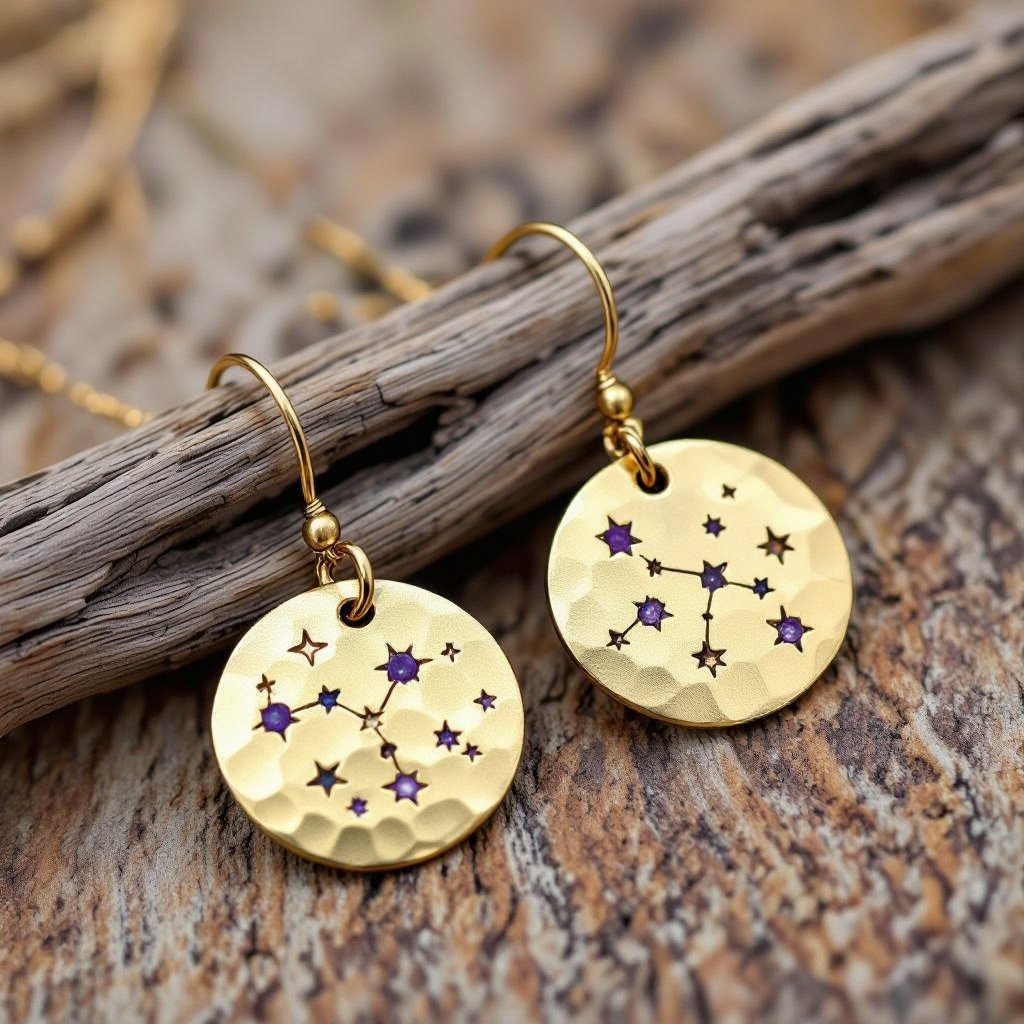 Серьги и кулон в одном стиле. Светлое матовое состаренное мятое золото. На круге изобрежены созвездия. Очень маленькие сиреневые камушки. 