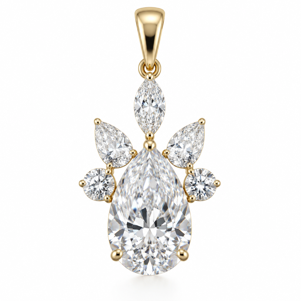 Create a photorealistic high-jewelry pendant based strictly on the uploaded sketch. Preserve the exact silhouette, proportions, number of diamonds, positions, spacing, negative spaces and overall composition. Keep the central diamond as the dominant hero stone and preserve the four surrounding diamonds and their individual cuts and orientations. Use minimal refined 18K yellow gold, realistic secure settings and physically believable construction. Render exceptional natural white diamonds with crisp facets, realistic fire, scintillation and refraction. Contemporary haute joaillerie, sophisticated, elegant, minimal, luxurious, competition-level craftsmanship, pure white background and professional jewelry studio lighting. Do not redesign, add, remove or rearrange any element.
photorealistic jewelry design, Create a photorealistic high-jewelry pendant based strictly on the uploaded sketch. Preserve the exact silhouette, proportions, number of diamonds, positions, spacing, negative spaces and overall composition. Keep the central diamond as the dominant hero stone and preserve the four surrounding diamonds and their individual cuts and orientations. Use minimal refined 18K yellow gold, realistic secure settings and physically believable construction. Render exceptional natural white diamonds with crisp facets, realistic fire, scintillation and refraction. Contemporary haute joaillerie, sophisticated, elegant, minimal, luxurious, competition-level craftsmanship, pure white background and professional jewelry studio lighting. Do not redesign, add, remove or rearrange any element., just the design no text
